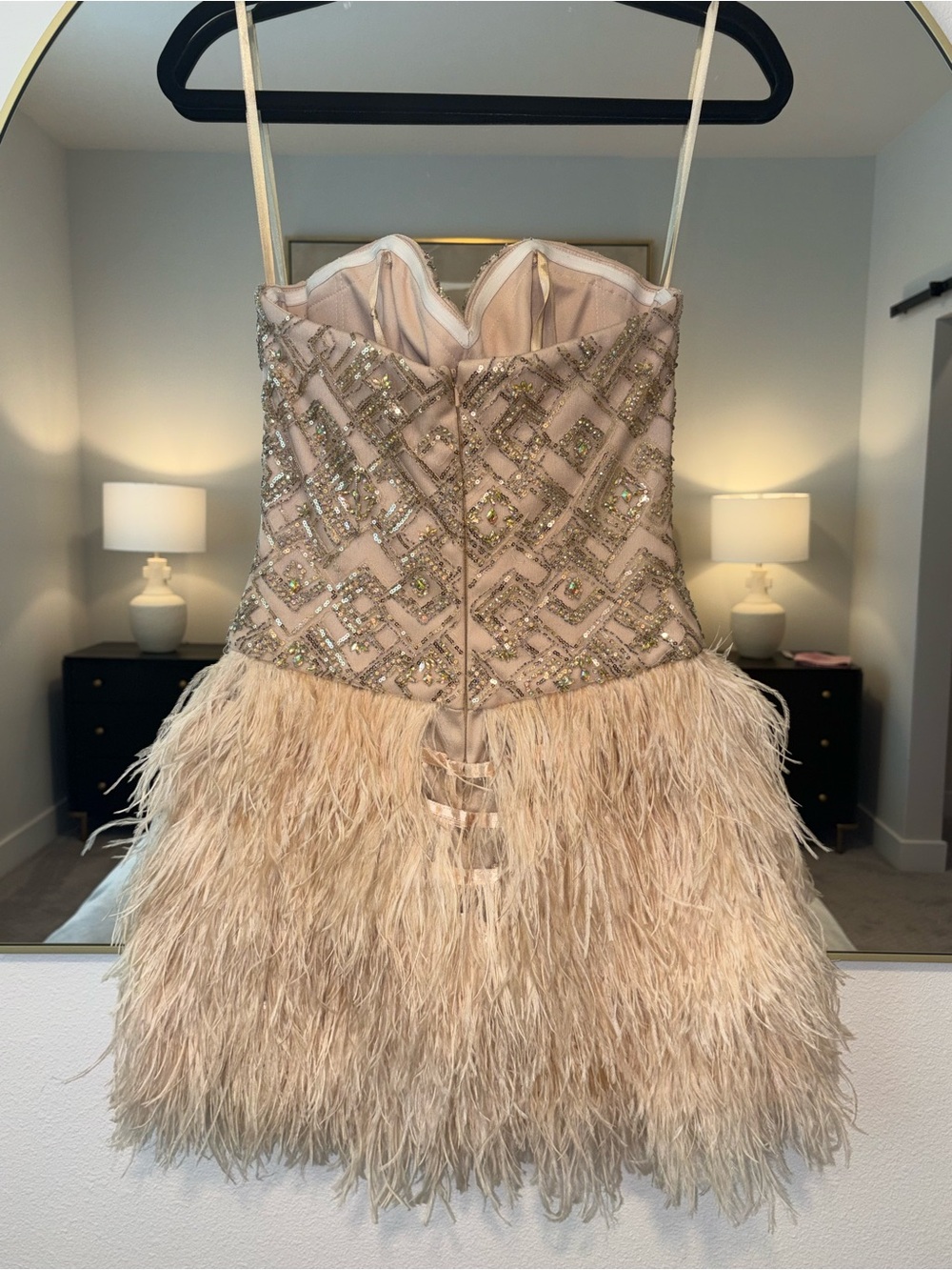 Source Unknown Blush Sequin Embellished Strapless Feather Mini Dress - Picture 8 of 16